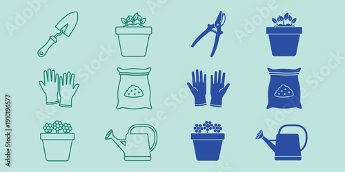 Gardening tools and accessories in blue and green