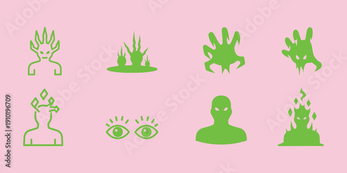 Green alien and monster on pink background extraterrestrial