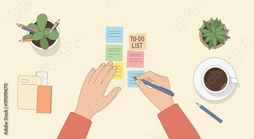 Person making a to-do list with sticky notes and coffee.