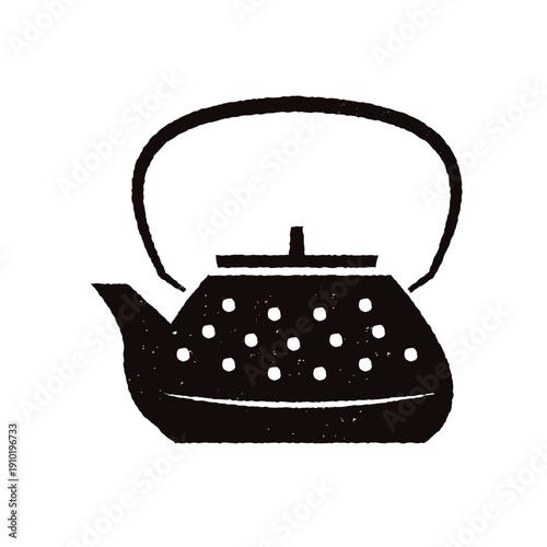 版画風　シンプルな鉄瓶　モノクロ