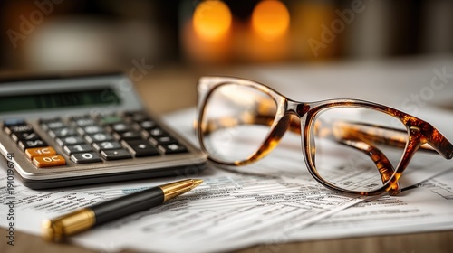 Calculator and tax forms on a desk, glasses and pen, tax return preparation concept, accounting and audit 