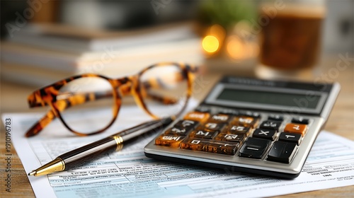 Calculator and tax forms on a desk, glasses and pen, tax return preparation concept, accounting and audit 