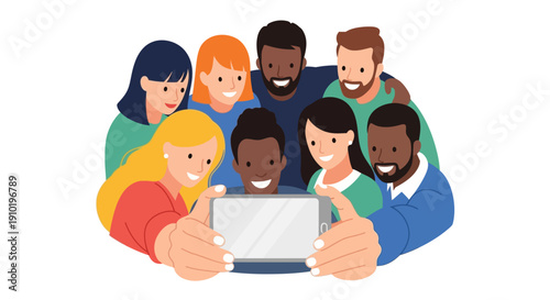 Diverse group of young adults using a digital tablet together happily.