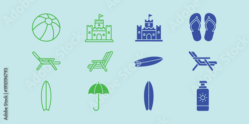 Green and blue beach on light blue background sandcastle