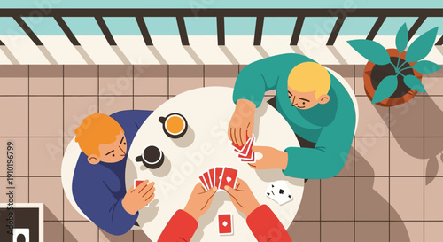 Two men playing cards on a patio table outdoors.