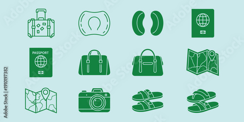 Green travel on light blue background travel green light blue background suitcase sunglasses