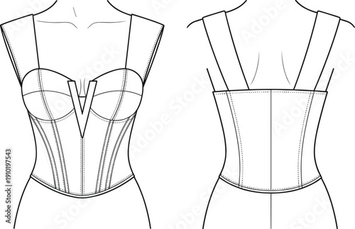 Female, fashion, corset, top, technical, cad, drawing, flat, vector, illustration, template, for, apparel, design, front, and, back, views, wide, straps.
