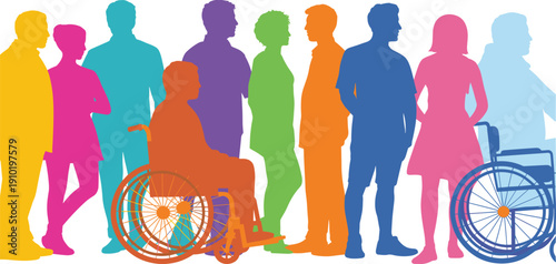 Diverse people silhouettes with wheelchair users, inclusive community concept promoting equality accessibility support and disability awareness flat vector illustration