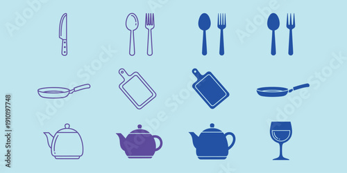 Kitchen utensils and dinnerware in purple and blue cutlery