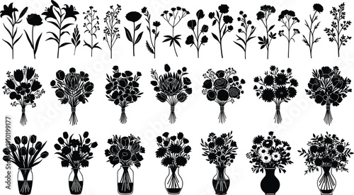 Collection of diverse floral silhouettes including individual stems bouquets and arrangements in vases showcasing botanical beauty
