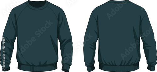 Dark Teal Raglan Sleeve Sweatshirt Front and Back View Fashion Flat technical apparel