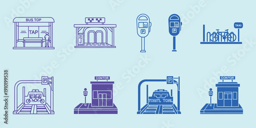 Purple blue of transportation stations and parking meters bus stop taxi stand bicycle rack