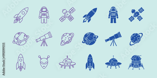 Purple blue space including rockets astronauts planets