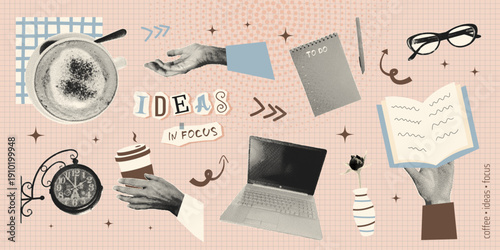 Creative workspace collage with coffee, books, stationery, desk objects in retro halftone style. Black white isolated cutout elements. Vintage lifestyle vector illustration for modern work concepts