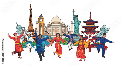 Colorful illustration of a diverse group of people dancing in front of iconic landmarks for a global tourism campaign celebrating resilience and travel.