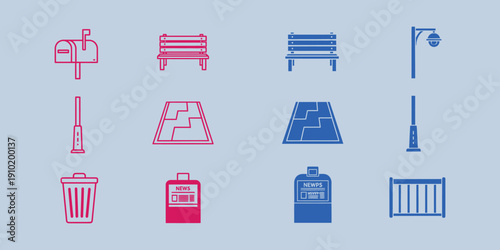 Red and blue urban on light blue background urban city red and blue mailboxes benches streetlights