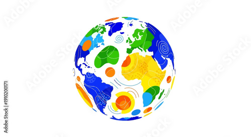 A colorful illustration of a globe with vibrant, abstract patterns, symbolizing global tourism resilience and comeback, with a childlike and celebratory feel.