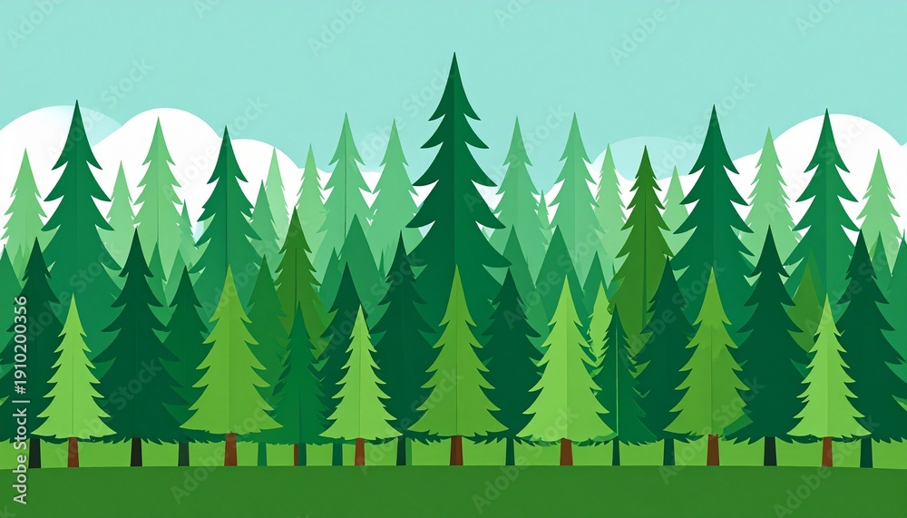 Obraz premium Vibrant forest of evergreen trees with colorful flags in lush mountain landscape