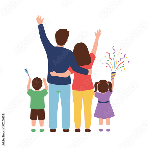 Family Standing Together with Raised Arms.