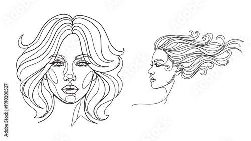 Female Face Studies with Varied Hairstyles Fashion Portrait and Beauty Illustration