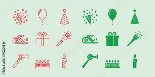 Red and green birthday party on light green background celebration