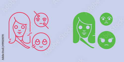 Red and green cartoon faces with various expressions emotions