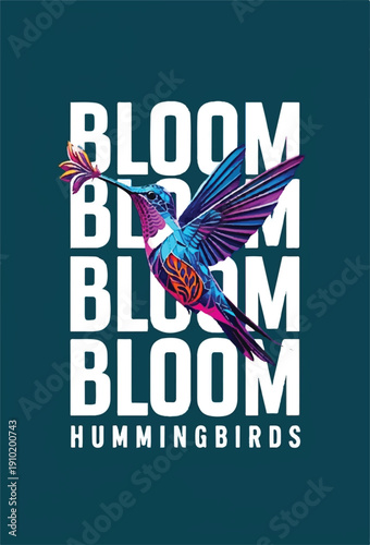 Vibrant graphic design featuring a brilliantly colored hummingbird in flight collecting nectar from a flower set against bold repeating typography suggesting growth and vitality.