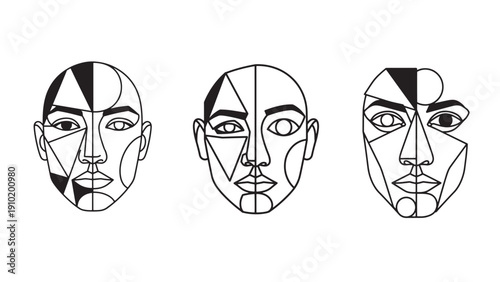 Geometric Facial Construction Grid and Mask Study for Proportion Reference