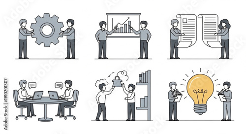 Business team collaborating on a project with a gear and lightbulb.