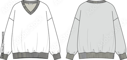Front and back view fashion flat of a relaxed fit v-neck sweatshirt with elasticated cuffs and hem for apparel