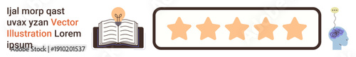 Education, creativity, reviews, innovation, learning, feedback. Open book with lightbulb, five-star rating and head with brain outline. Education and creativity through symbolic imagery