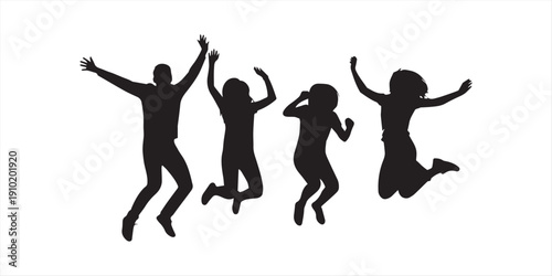 Silhouette of happy group of people jumping together with raised arms, young friends celebrating success isolated on white background