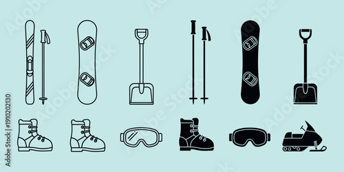 Ski and snowboard equipment in black and white on light blue background snowshoe ski pole