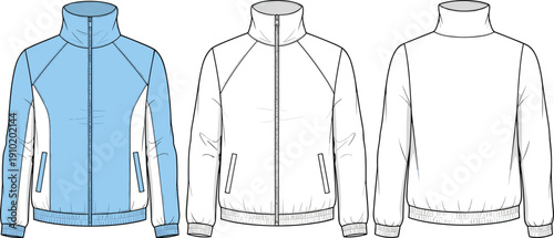 Technical fashion flat of a light blue and white zip-up track jacket shown from front and back views with detailed stitching and elastic cuffs