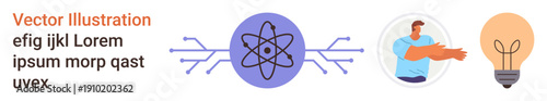 Education, technology, innovation, energy, creativity, science. Central atom graphic with surrounding circuits, a person and a light bulb. Science and technology visually