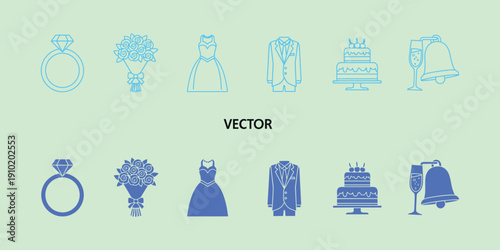 Wedding in blue on green background ring bouquet