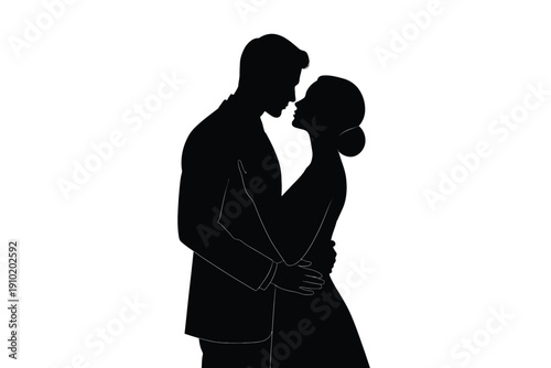 Couple Embracing in Romantic Silhouette with Soft Black Outline on White Background for Wedding Invitation