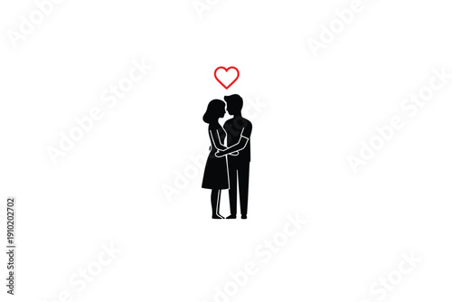 Couple Embracing in Simple Silhouette with Heart Symbol in Minimalist Design for Valentines Day