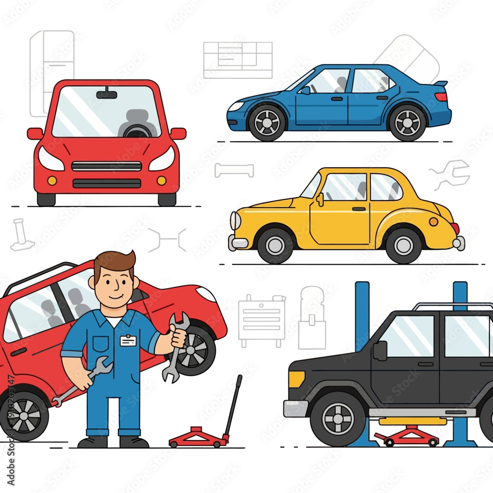 Naklejka premium Car Mechanic Working on Vehicles in Auto Repair Shop