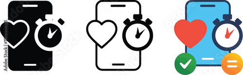 Smartphone icons with heart and stopwatch on white background