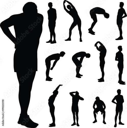 Set of human stretching and warm up silhouettes demonstrating fitness flexibility exercises, athletic training poses isolated on light background vector illustration