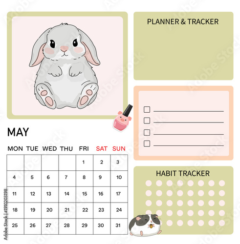 May Monthly Planner Template with Cute Lop Bunny Illustration