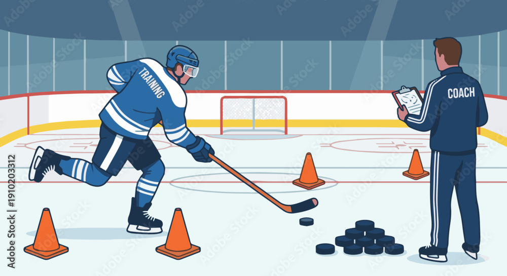 Obraz premium You said Ice Hockey Player Training PracticeFlat vector illustration of an ice hockey player practicing shots during training. Cones, pucks, and coach visible. Flat vector style, skill development s