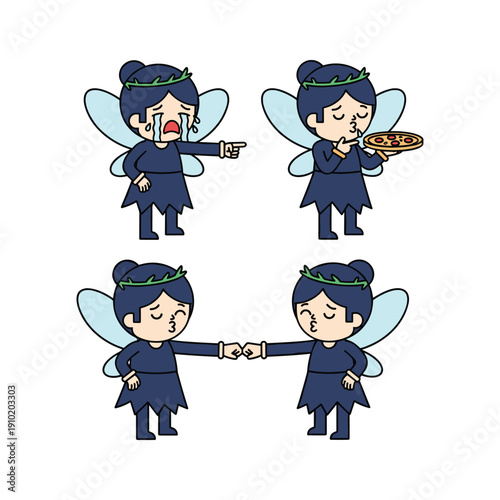 Cartoon fairies arguing and making peace with copy space