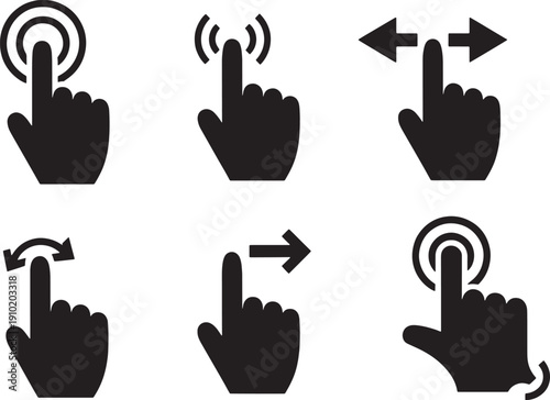 Hand icons for user interface actions and gestures on white background