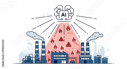Artificial intelligence brain oversees industrial factories, symbolizing automation, efficiency, and potential risks in modern manufacturing processes.