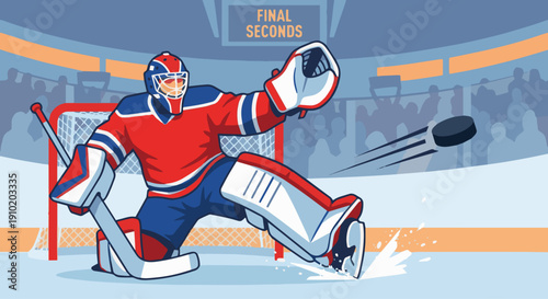  Ice Hockey Goalie Saving Shot
Flat vector illustration of an ice hockey goalie making a save with pads and glove. Puck flying toward goal. Flat vector style, dramatic action scene.