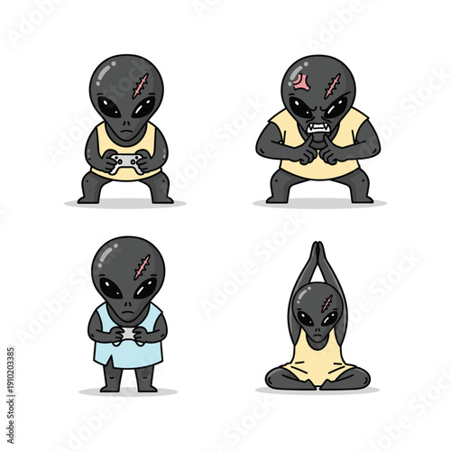Cartoon aliens practicing yoga and playing video games in various poses with copy space
