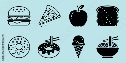 Black and white food on cyan background hamburger pizza