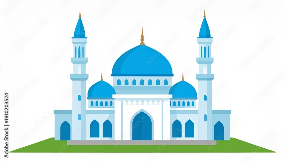 Fototapeta premium Blue and white mosque with domes and minarets on green hill illustration
